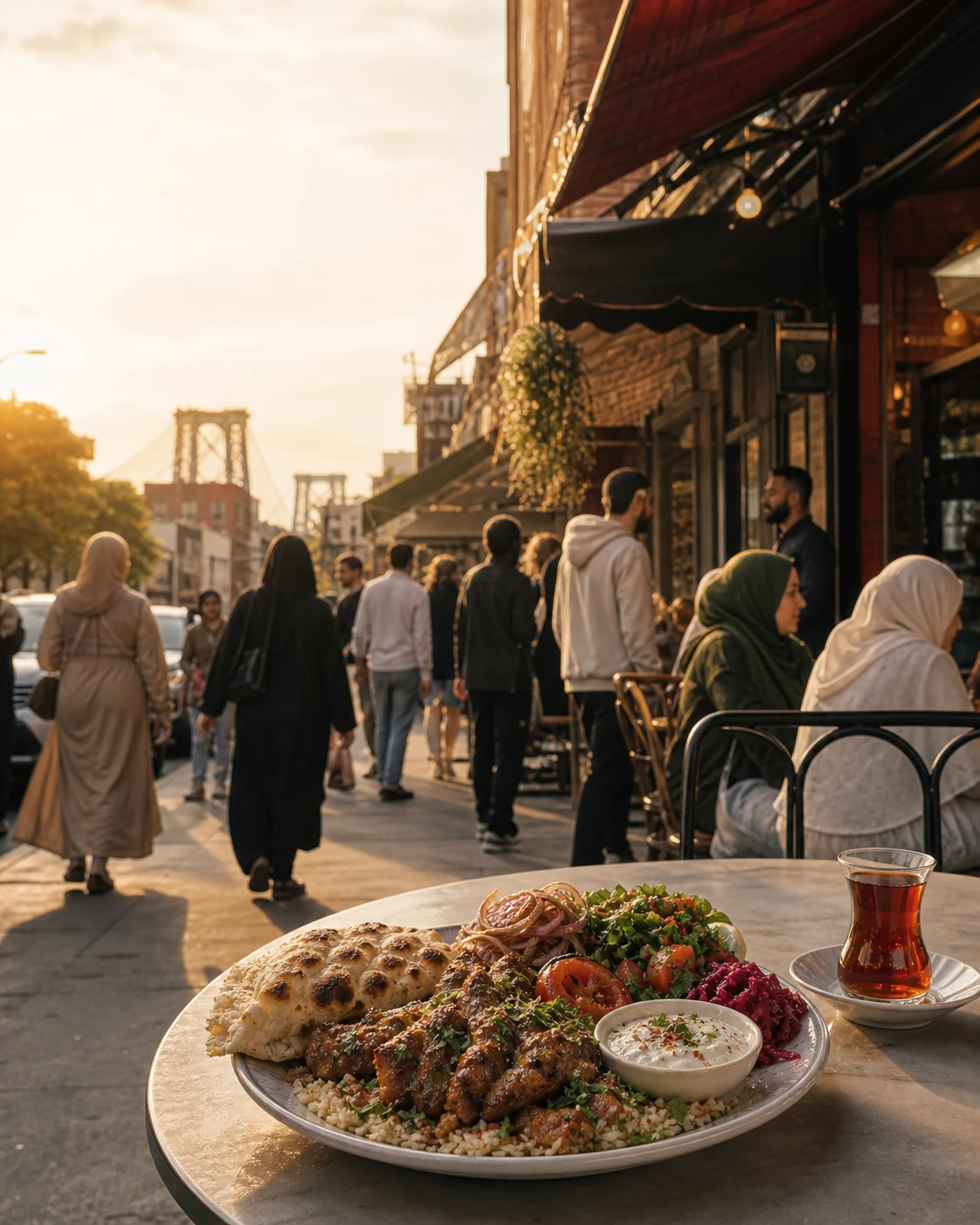 Halal meal and tea outside a lively New York neighborhood cafe